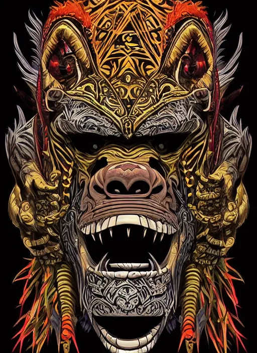 Image similar to barong family member, wiwek, mara demon, one single tribe member, jungle, one single mask, dark, ancient warrior mask, gorilla mask, lizard tongue, tribals, art by dan mumford