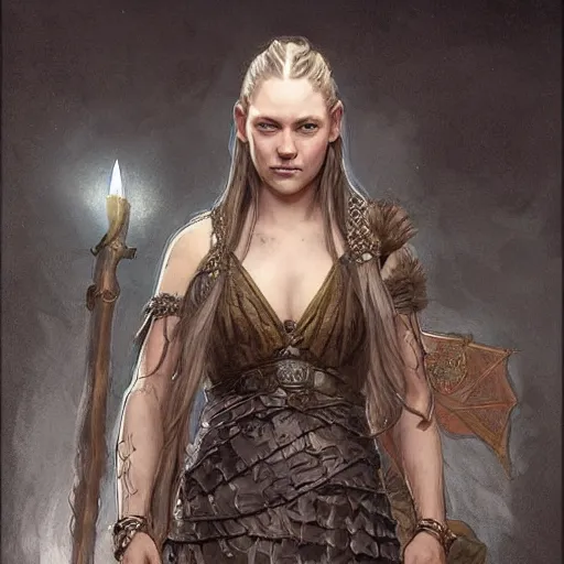 Prompt: Ragnar from Vikings in a dress, D&D, fantasy, intricate, cinematic lighting, highly detailed, digital painting, artstation, concept art, smooth, sharp focus, illustration, art by Artgerm and Greg Rutkowski and Alphonse Mucha