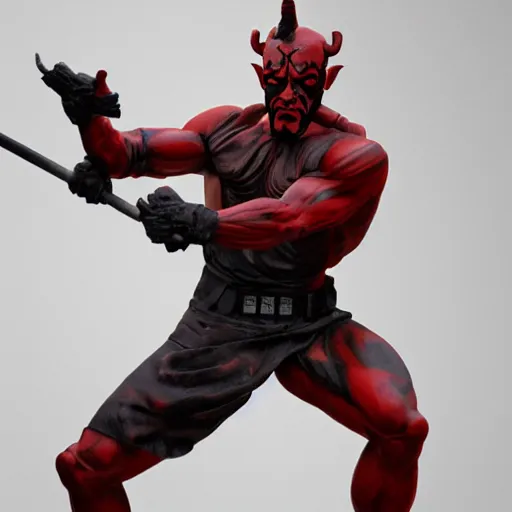 Prompt: photo of a highly detailled marble statue of darth maul, muscular man, star wars, old greek, sculpture, highly detailled