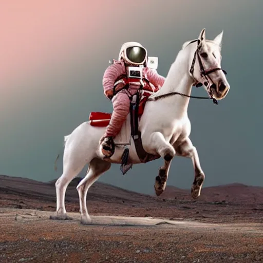 Prompt: astronaut in pink spacesuit on mars riding a white horse