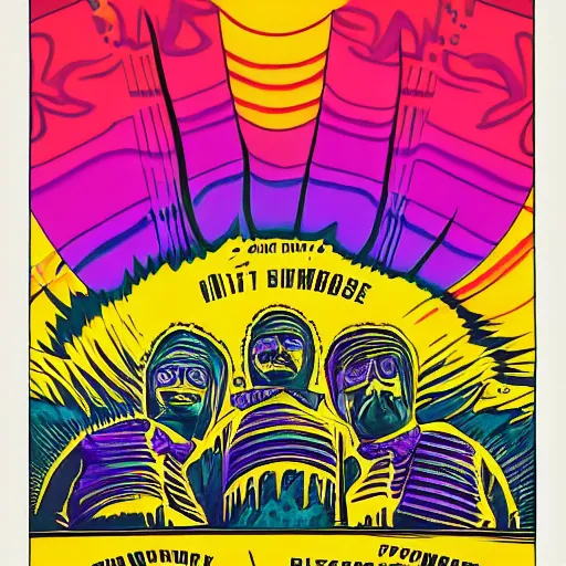 Prompt: Fillmore concert poster for The Bozone by Victor Moscoso and Rick Griffin, psychedelic, day-glo colors, flowing lettering