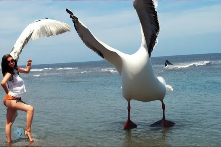 Image similar to giant seagull with human arms, extremely realistic, extremely detailed