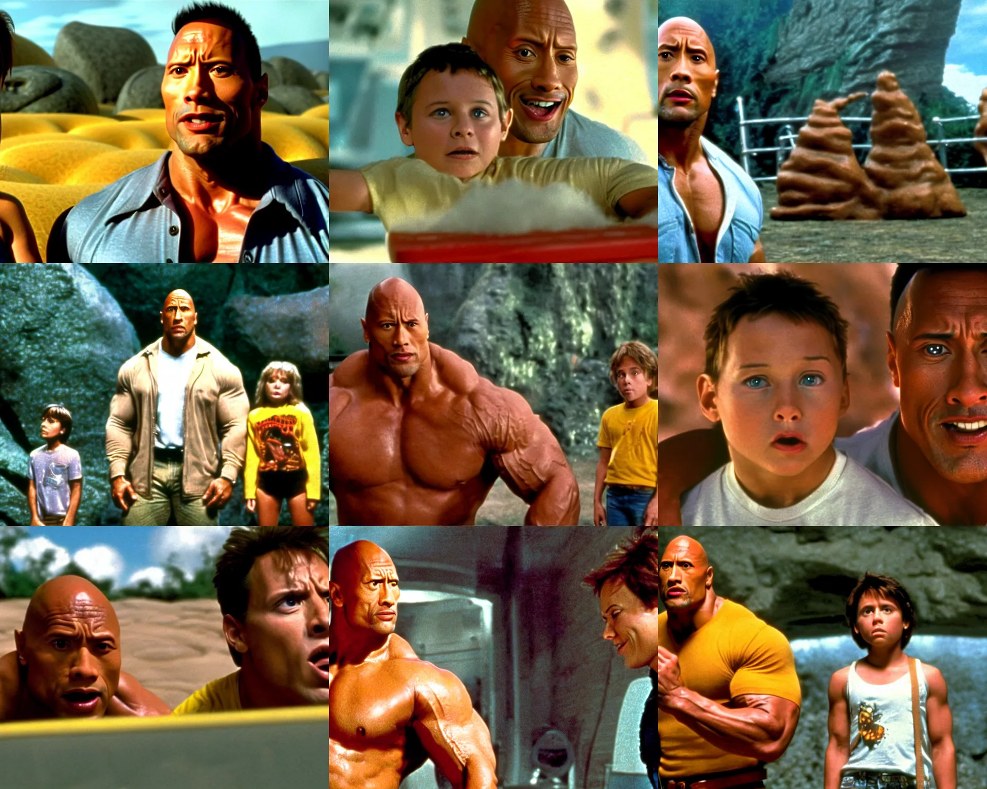 Prompt: wide shot dwayne johnson in honey i shrunk the kids