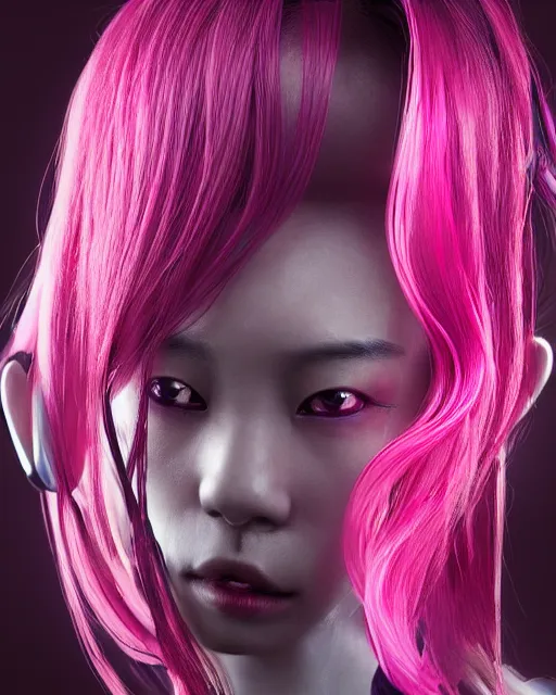 Image similar to portrait of a beautiful asian woman with pink hair as a cyberpunk cyborg half robot, skin open to reveal wires and electronics, sci - fi, missing panels, intricate abstract upper body intricate artwork, concept art, octane render, deviantart, cinematic, key art, hyperrealism, iridescent accents, portrait photograph, nikon 3 5 mm, photograph by greg rutkowski