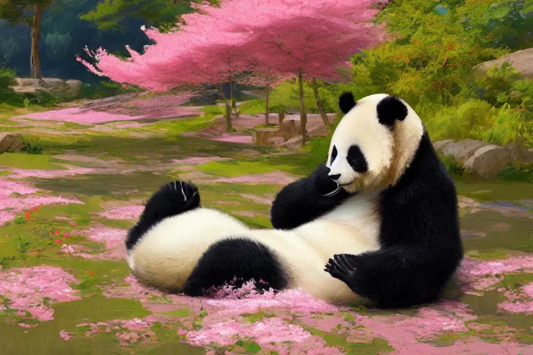 Prompt: panda chilling smoking weed, sakura trees, sakura season dynamic lighting, landscape, artwork by jeremy lipkin and giuseppe dangelico pino and michael garmash and rob rey and greg manchess and huang guangjian and makoto shinkai, pixiv, 1 0 0 mm