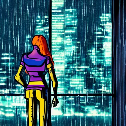 Image similar to a female cyborg looks out a window at the skyline of a raining neon city