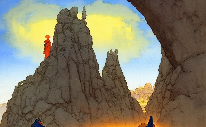 Image similar to a hyperrealist watercolour concept art of a large rock arch dimensional portal in the sky. a medieval monk in grey robes is kneeling in prayer below it on a desert road. by rebecca guay, michael kaluta, charles vess and jean moebius giraud. high detail, hq, wide shot