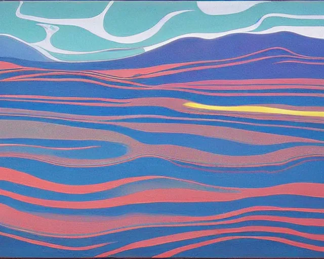 Image similar to A wild, insane, modernist landscape painting. Wild energy patterns rippling in all directions. Curves, organic, zig-zags. Saturated color. Mountains. Clouds. Rushing water. Wayne Thiebaud.