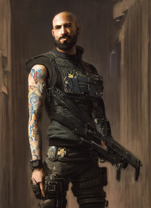 Image similar to clever Anders. cyberpunk mercenary with tattoos wearing a military vest and combat gear. (Cyberpunk 2077, bladerunner 2049). Iranian orientalist portrait by john william waterhouse and Edwin Longsden Long and Theodore Ralli and Nasreddine Dinet, oil on canvas. Cinematic, hyper realism, realistic proportions, dramatic lighting, high detail 4k