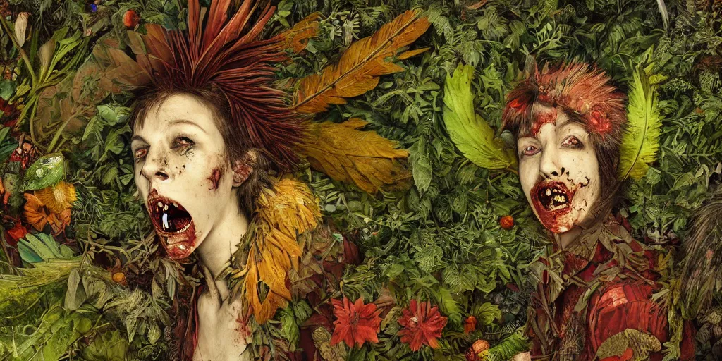 Prompt: portrait of a teenage punk zombie dissolving in a field of foliage, botanicals, fruit and feathers, highly detailed, vivid color, chiarascuro lighting, fantasy art, in the style of pieter bruegel, cartoonish, whimsical