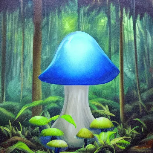 Prompt: A huge glowing blue mushroom inside a rainforest, eerie vibes, oil painting