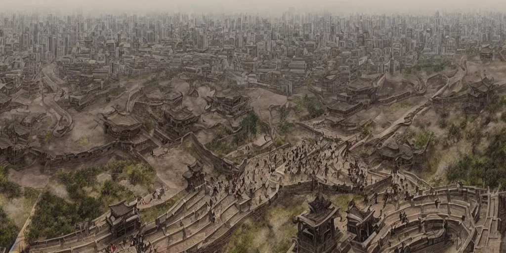 Image similar to overlooking the ancient chinese chang'an city, bauhinia city, movie scenes, epic composition, very detailed