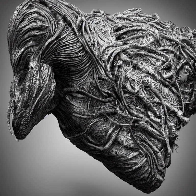 Image similar to surreal spinal ribbed tribal exotic organic face portrait of a beautiful alien animal creature monster, beautiful detailed intricate insanely detailed BW 3D render digital art, octane render, 8K artistic photography, photorealistic