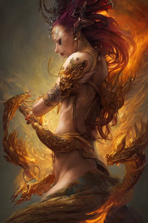 Image similar to beautiful girl sorcerer covered with fire and golden dragon skin, celtic rune tattoos, casting magic spell, angel, fantasy, magic the gathering, hyper detailed, 3 d render, hyper realistic detailed portrait, peter mohrbacher, wlop, ruan jia, luis royo