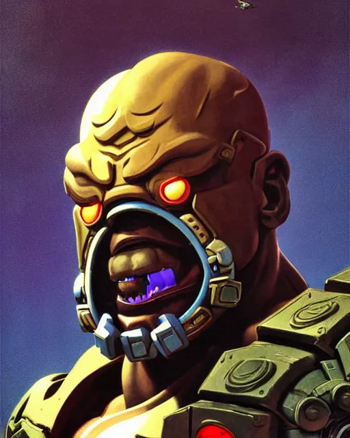 Prompt: doomfist from overwatch, aggressive expression, character portrait, portrait, close up, concept art, intricate details, highly detailed, vintage sci - fi poster, retro future, in the style of chris foss, rodger dean, moebius, michael whelan, and gustave dore