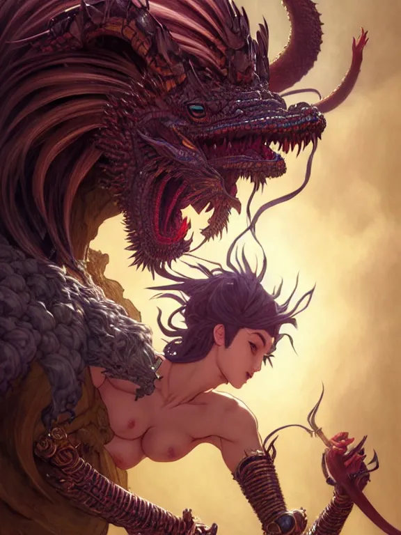Image similar to full body picture of a colosuss giantess fight with dragon, coveted, beautiful and aesthetic, intricate, unreal engine, messy hair, highly detailed, detailed face, smooth, sharp focus, chiaroscuro, manga illustration, artgerm, greg rutkowski, ilya kuvshinov, rossdraws, alphonse mucha, young adult light novel cover art