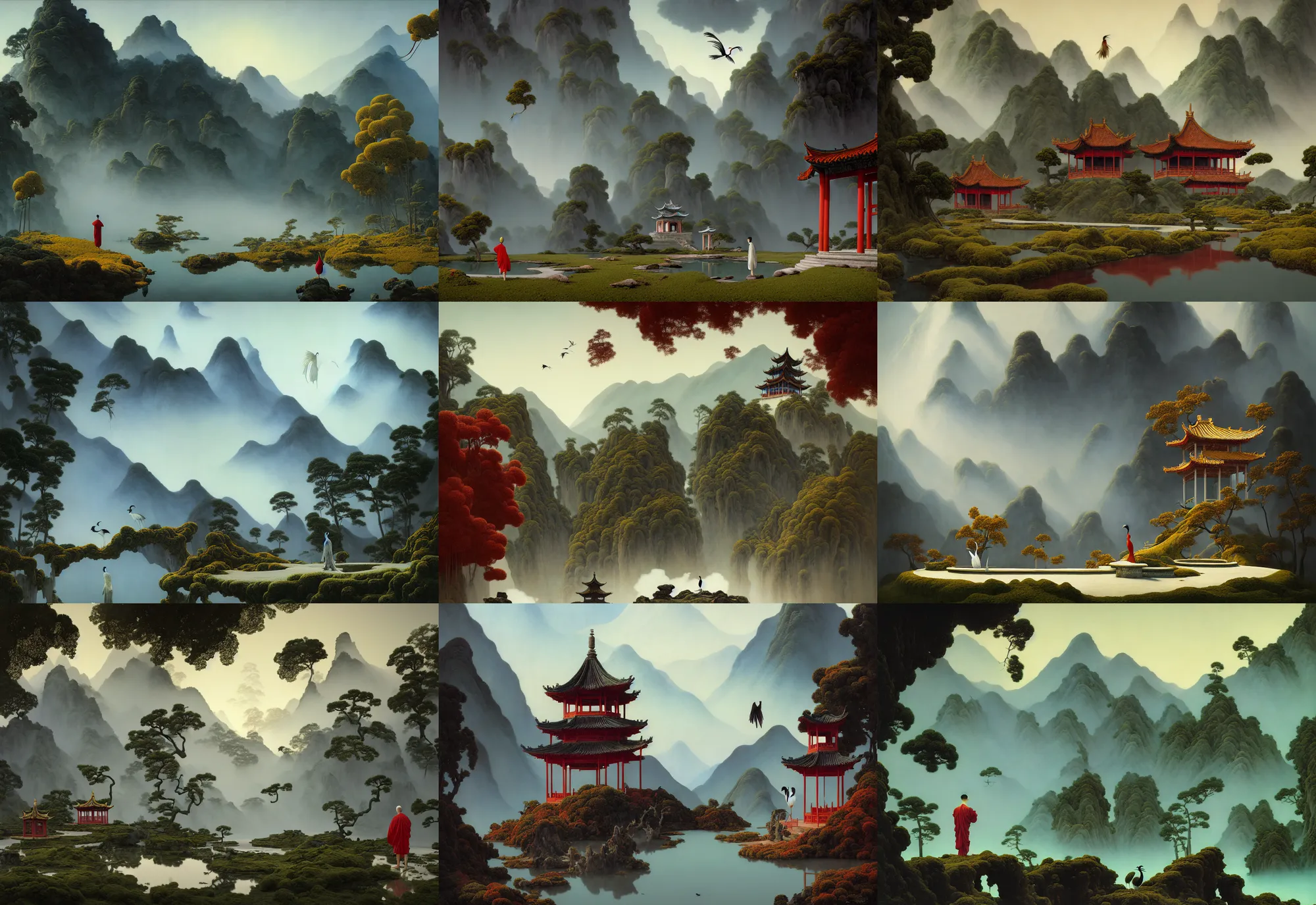 Image similar to a gorgeous landscape painting by barlowe wayne, maxfield parrish and marco mazzoni. an abandoned chinese temple. red - crowned cranes are flying through the clouds and mist among the mountains. birds. a lonely chinese grey blue monk walks on the winding stone steps, 3 d, octane render, turbulent blood lake, 8 k.