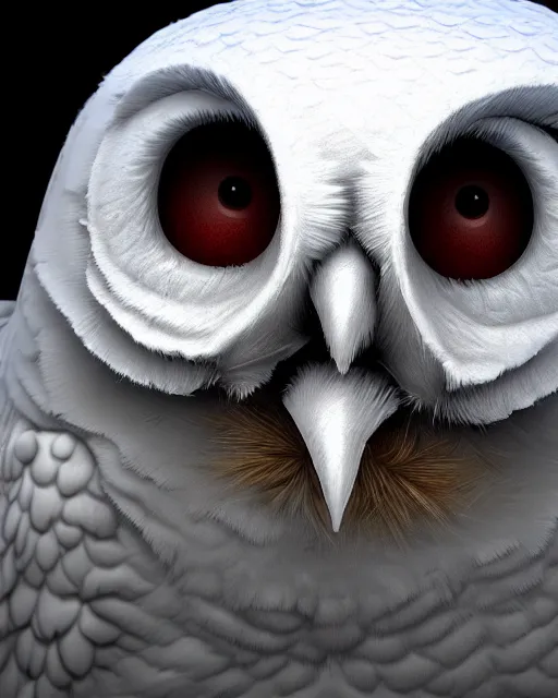 Image similar to an extremely detailed masterpiece surreal closeup of a snow owls face, in the style of brian froud, brian despain, brian bolland, digital art, unreal engine, volumetric lighting, dark moody lighting, post apocalyptic, 4 k