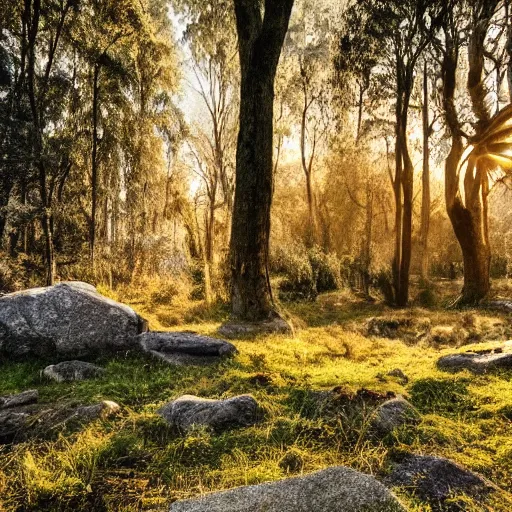 Prompt: Beautiful photo of a interesting ancient stone roman ruin in a forest, little remaining, golden hour photography, slightly foggy, blue sky, trees in the background, wallpaper, 4k, Australian flora, muted colors