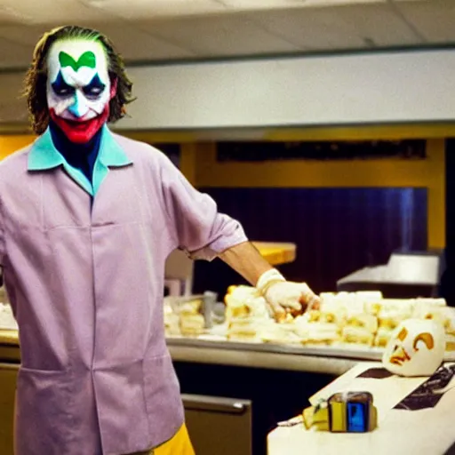 Image similar to joker 1 9 8 9 working in mcdonalds behind counter, facepaint coming off, movie still, dslr