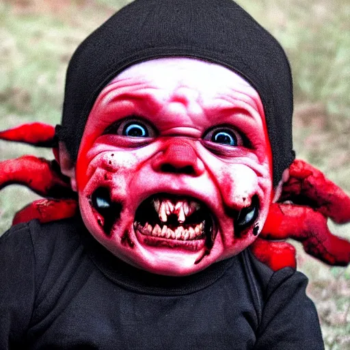 Prompt: frightening demon baby, horror, hyper realistic, red and black theme, horror