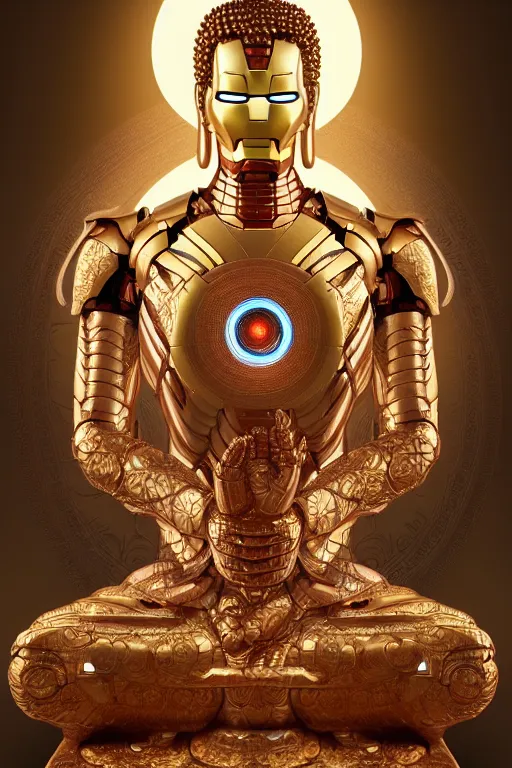 Prompt: digital masterpiece illustration concept art of porcelain statue of buddha gautama as iron man, virasana, lotus, padmasana, extremely detailed and intricate complexity, epic composition, magical atmosphere, cinematic lighting, wide long shot, trending on artstation, 8 k