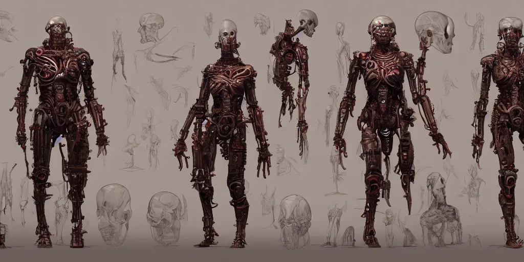 Prompt: flesh and bone cyborg design, character sheet, Moebius, Greg Rutkowski, Zabrocki, Karlkka, Jayison Devadas, Phuoc Quan, trending on Artstation, 8K, ultra wide angle, zenith view, pincushion lens effect.