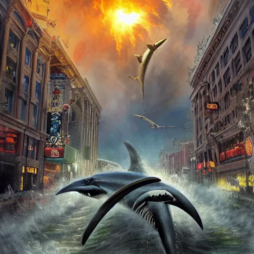 Prompt: sharknado in the center of dallas, extreme realism, huge explosion, massive destruction, extremely detailed digital painting, highly detailed, 1 9 2 0's colored pencil art style, deep aesthetic, 8 k, highly ornate intricate details, cinematic lighting, rich colors, digital artwork, ray tracing, hyperrealistic, photorealistic, cinematic landscape, trending on artstation,