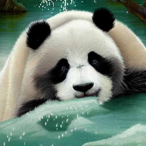 Image similar to Epic portrait an fluffy cute panda playing with water near a green river, nature, digital painting, artstation, concept art, soft light, hdri, smooth, sharp focus, illustration, fantasy, intricate, elegant, highly detailed, D&D, matte painting, in the style of Greg Rutkowski and Alphonse Mucha and artemisia, 8k, highly detailed, jurgens, rutkowski, bouguereau, pastoral, rustic, georgic, detailed concept art, illustration, colorful pastel, painting, detail, ultra detailed, digital art, 4K,