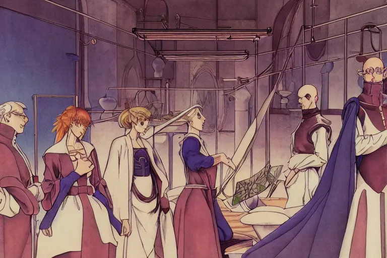 Image similar to cel shaded study of a group of alchemists in a late renaissance laboratory, key visual with intricate linework, in the stlye of moebius, ayami kojima, 90's anime, retro fantasy