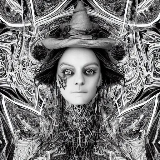 Prompt: a black and white high quality photo of a female witch bust, the fates, hyper detailed, flowing psychedelic background intricate and detailed, ornate 8 k gorgeous intricate detailed, octane render