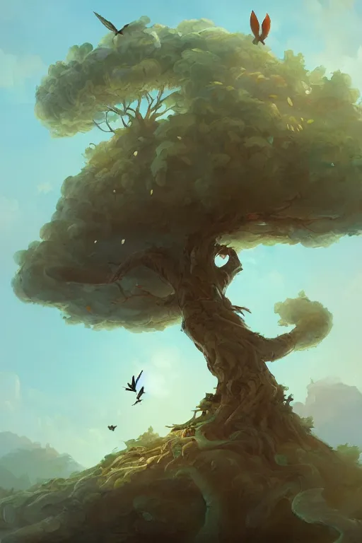 Image similar to a painting of a tree with birds flying around it, a storybook illustration by peter mohrbacher, cgsociety contest winner, fantasy art, artstation hq, detailed painting, behance hd