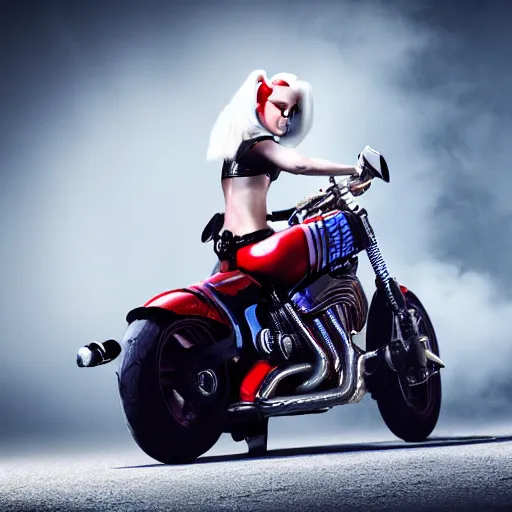 Image similar to Lady Gaga as real-life Harley Quinn riding a motorcycle, cinematic, Low angle, atmospheric fog and lighting, directed by Michael Bay, high detail, 8K, movie still, trending on artstation