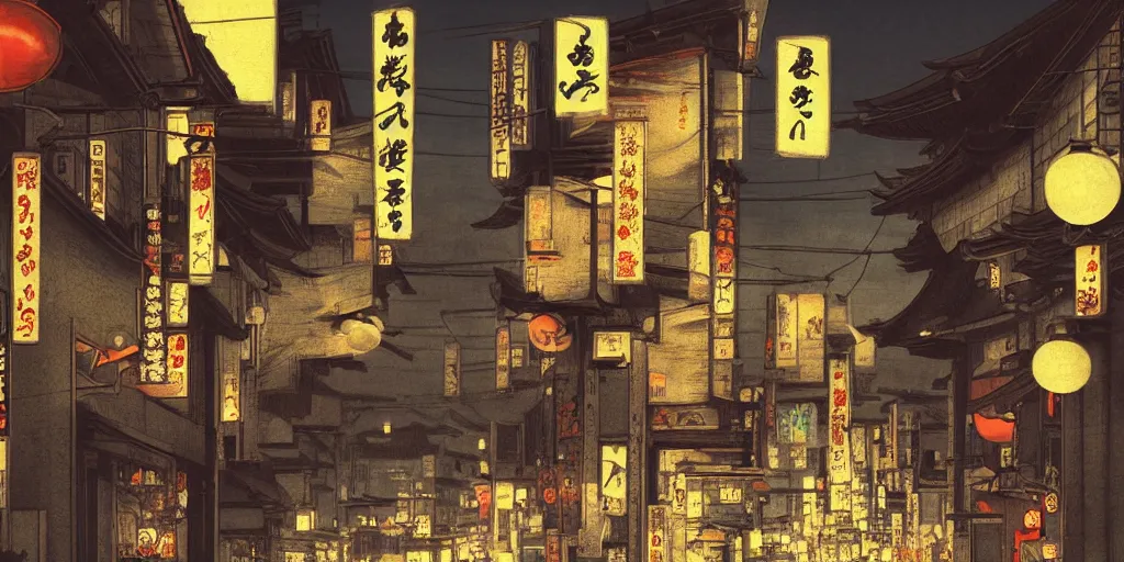 Image similar to feudal japan tokyo street at night, street level, cinematic lighting, 4k, trending on artstation, lots of lights, lots of signs, intricate illustration, fast sketch, rough, ultra detailed, art by albert bierstadt