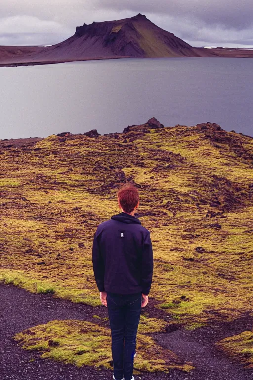 Image similar to kodak color plus 2 0 0 photograph of a skinny guy looking at beautiful iceland scenery, back view, vaporwave colors, grain, moody lighting, moody aesthetic,