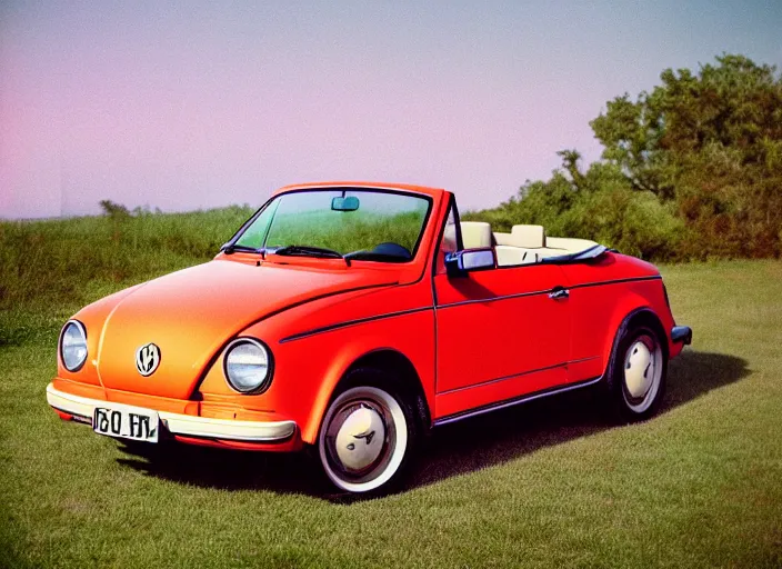 Prompt: retro color photo of a volkswagen cabriolet the 8 0's. gradient sky in the background