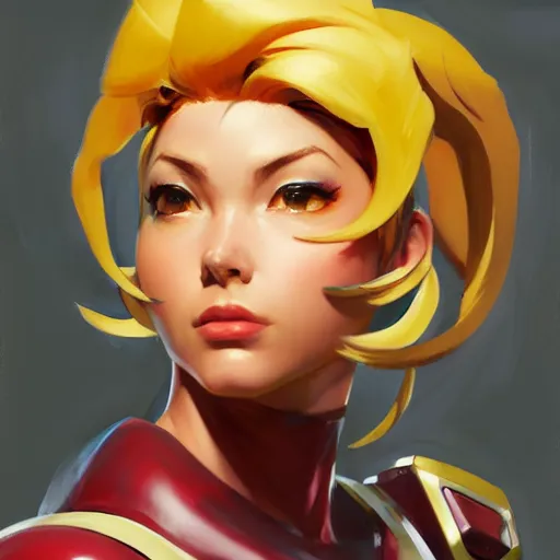 Prompt: Greg Manchess portrait painting o Samus Aran as Overwatch character, medium shot, asymmetrical, profile picture, Organic Painting, sunny day, Matte Painting, bold shapes, hard edges, street art, trending on artstation, by Huang Guangjian and Gil Elvgren and Sachin Teng