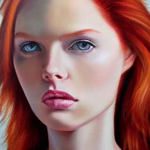 Image similar to hyperrealism oil painting of redhead emotional fashion model portrait