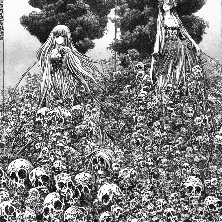 Image similar to an illustration from 1 8 9 9 of a young goddess peering from behind an enormous conical pile of skulls with huge flowers on tall stalks behind her, manga style of kentaro miura