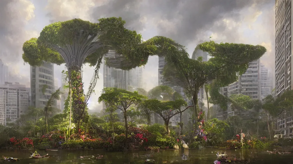 Image similar to giant orchid growing in the middle of singapore city, andreas achenbach, artgerm, mikko lagerstedt, zack snyder, tokujin yoshioka