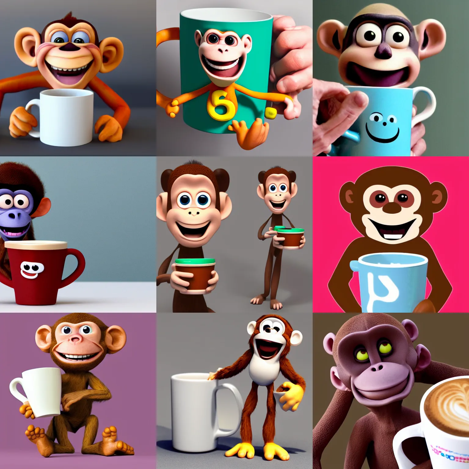 Prompt: claymation monkey standing with large coffee mug, big grin, wide eyes, cute Pixar character, white background, in the style of claymation”