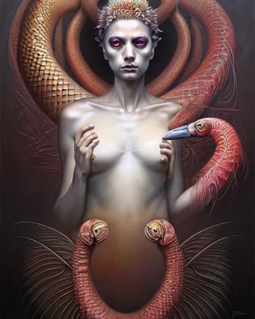 Image similar to a detailed portrait of dreampunk flamingo python hybrid mix beautiful! goddess by tomasz alen kopera and peter mohrbacher