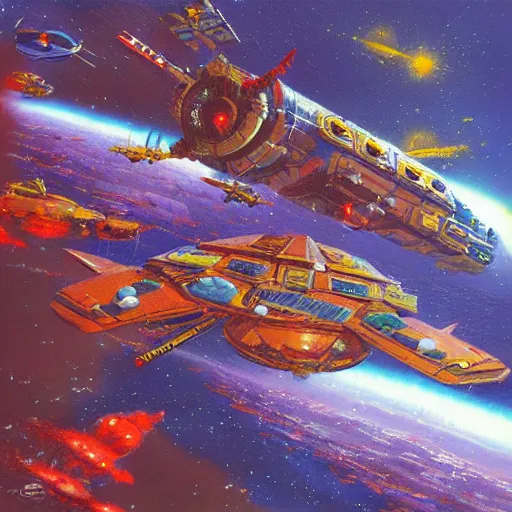 Prompt: a space dog fight with spaceships in the style of paul lehr and chris foss, highly detailed