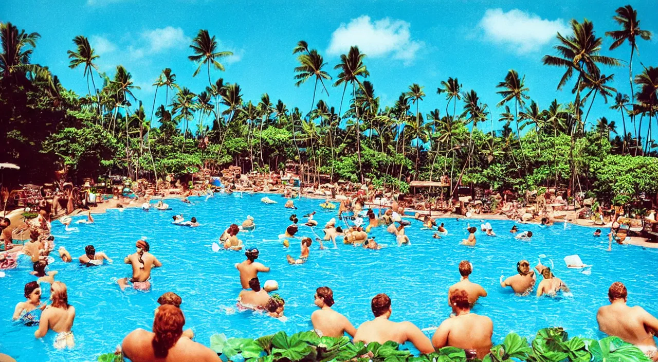 Image similar to a beautiful day at a Hawaiian pool,colorised,photograph