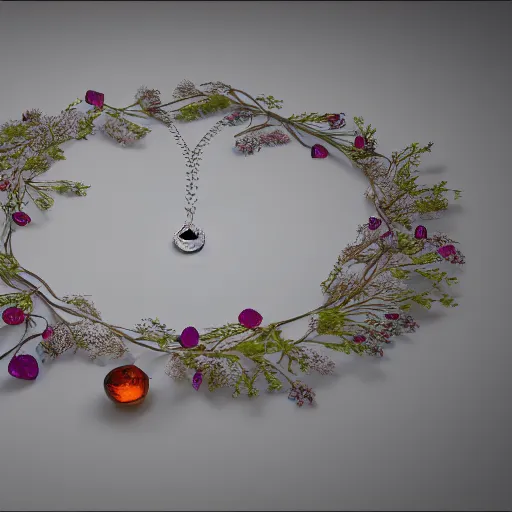 Image similar to intricate! organic, nordic wedding ring, necklace, gemstones, dreamy floral background, refraction, occlusion, lower and upper levels, octane render, vray render