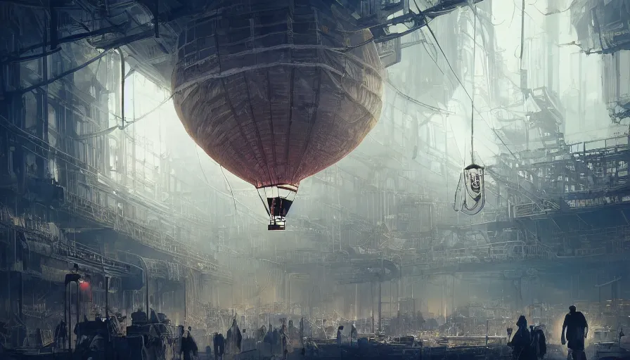 Image similar to Hot air balloon factory plant in a Dieselpunk city, steam, epic composition, intricate, elegant, volumetric lighting, digital painting, highly detailed, artstation, sharp focus, illustration, concept art, ruan jia, steve mccurry
