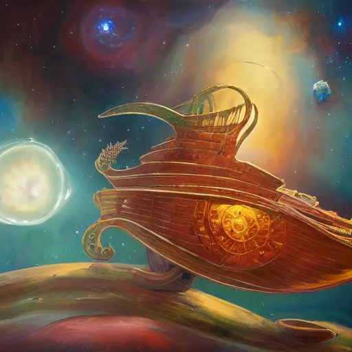 Prompt: painting of ornate space ship, nebulae background, nautilus, shell, space jammers, fins, sails, dust clouds, dark shadows, soft lighting, art deco, d & d, dust, sun, 4 0 k warhammer, snail, shrimp, prawn, fine brush strokes