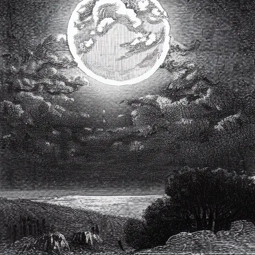 Image similar to a distant city, trees, night, full moon, clouds, chiaoscuro, illustration by Gustave Doré