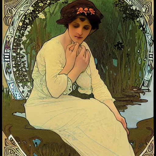 Prompt: A delicate painting of a pregnant woman sitting at a pond, by Alphonse Mucha, art nouveau, detailed, elegant