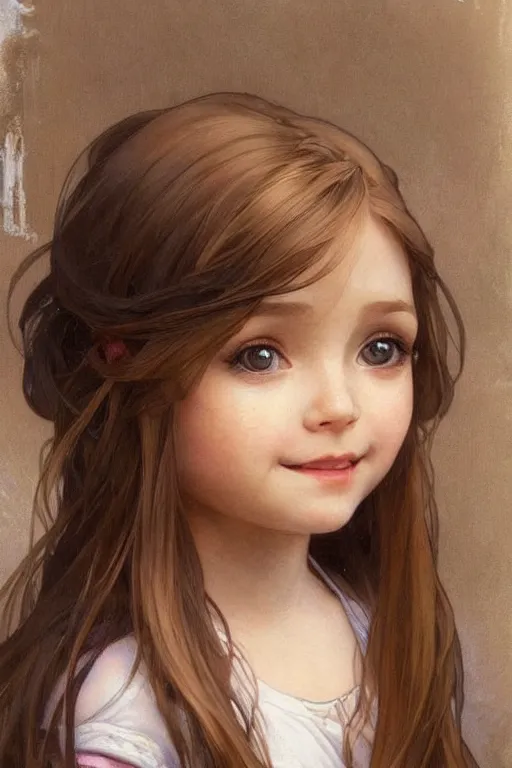 Prompt: a little girl with a mischievous face and short!! light brown straight hair. she is dressed as disney princess painting, beautiful detailed face. by artgerm and greg rutkowski and alphonse mucha